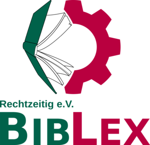 Logo von Rechtzeitig BibLex. Ein tafelgrünes offenes Buch, angetrieben durch ein rotes Zahnrad.